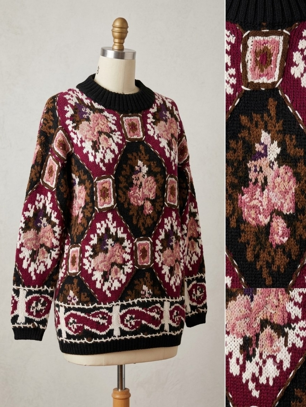 Vintage Express Tricot Hand Knitted Floral Patterned Sweater Sz XS Womens
